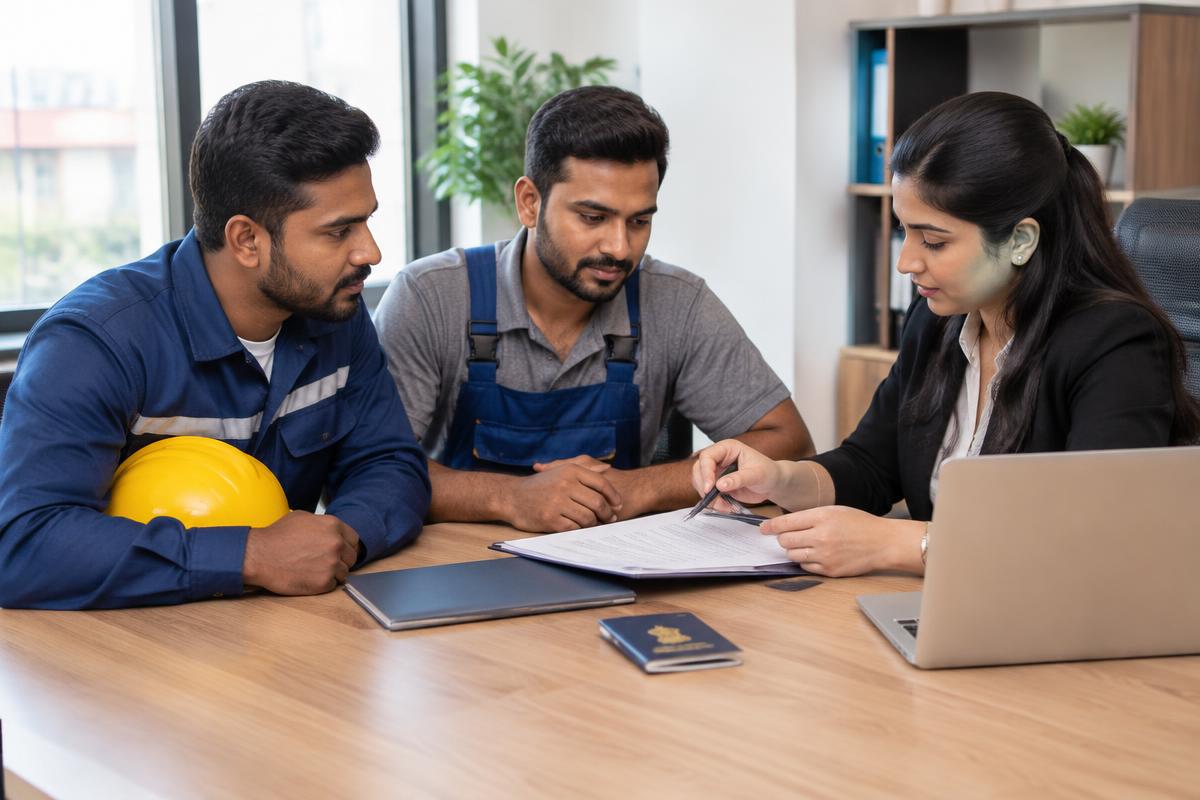 Recruitment advisor explaining written job terms to skilled workers